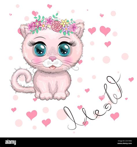 Cute cartoon pink cat, kitten on a background of flowers among ...