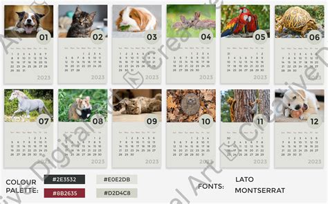 Calendar template with animals 2023 year