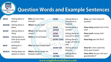 Question Words Definitions And Example Sentences