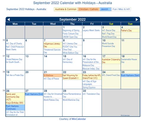 Print Friendly September 2022 Australia Calendar for printing