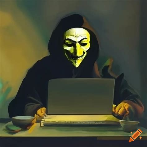 Renaissance style painting of a hacker in a coffee shop on Craiyon