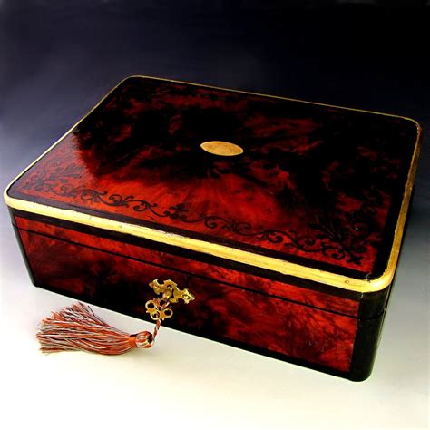 Antique English Burl Wood & Ebony Inlaid Jewelry Box, Spring Loaded ...