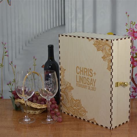 Ceremony Wedding Wood Wine Gift Box with 2 Personalized 16 Oz Crystal Wine Glasses, 2 Keepsake ...