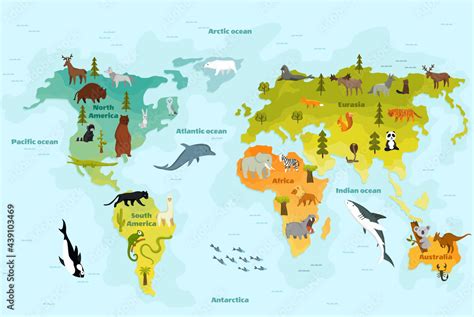 World map with different animal. Funny cartoon banner for children with ...