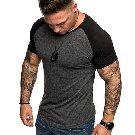 Mens Short Sleeve Slim Fit Muscle T-Shirt Crew Neck Patchwork Sport Casual Blouse Tops L-3XL ...