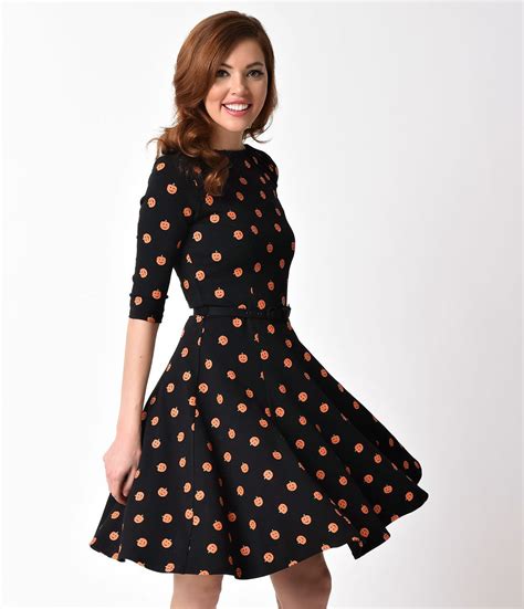 Black & Orange Pumpkin Print Stephanie Flare Dress by Unique Vintage