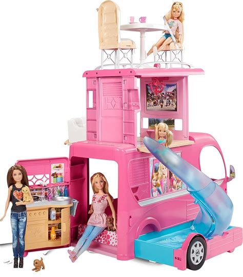 Barbie Pop-Up Camper Transforms into 3-Story Play Set with Pool! | Barbie camper, Barbie toys ...