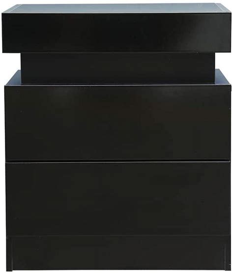 Modern Free-standing Black Nightstand with 3 Gears LED Light & 2 Drawers, Veneering Process ...