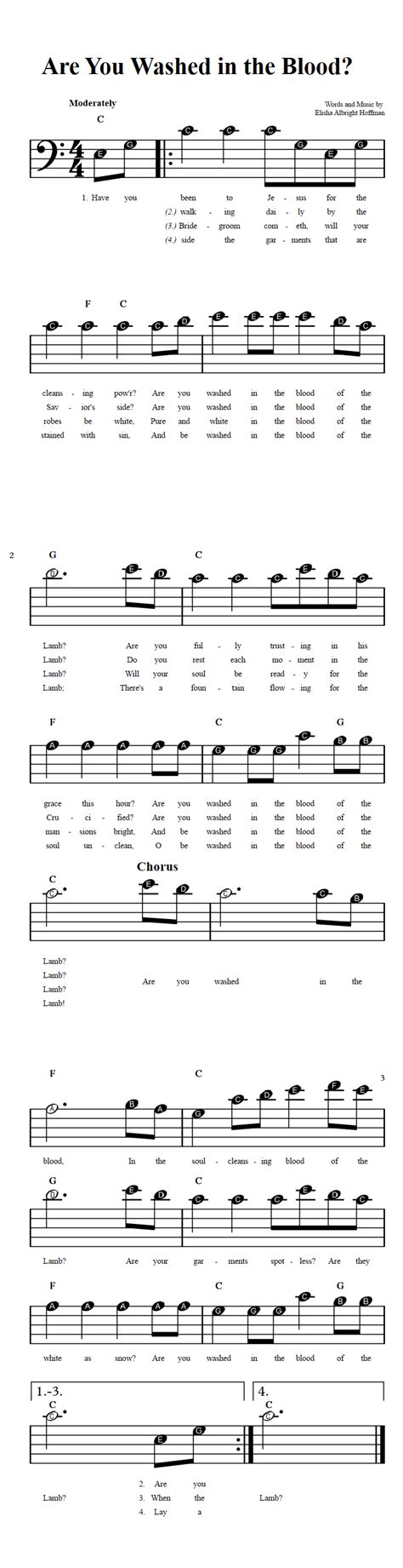 Are You Washed in the Blood?: Beginner Bass Clef Sheet Music with Chords and Lyrics