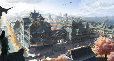 Ancient Chinese coastal city in autumn , Chinese ancient architectures. Fantasy City, Fantasy ...