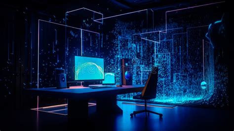 Computer Desk in Dark Room with Glowing Lights. Generative AI Stock Photo - Image of place ...