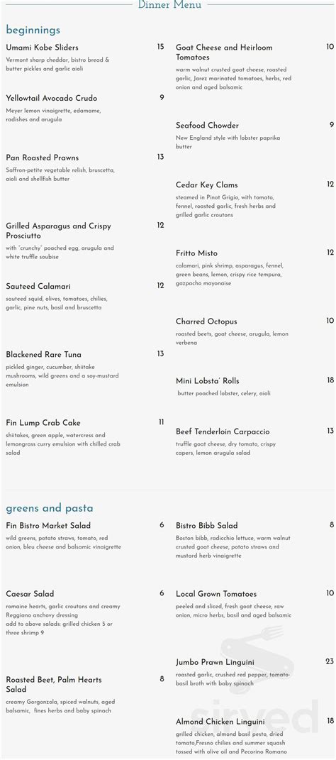 Fin Bistro menu in Marco Island, Florida, USA