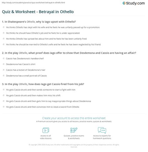 Quiz & Worksheet - Betrayal in Othello | Study.com