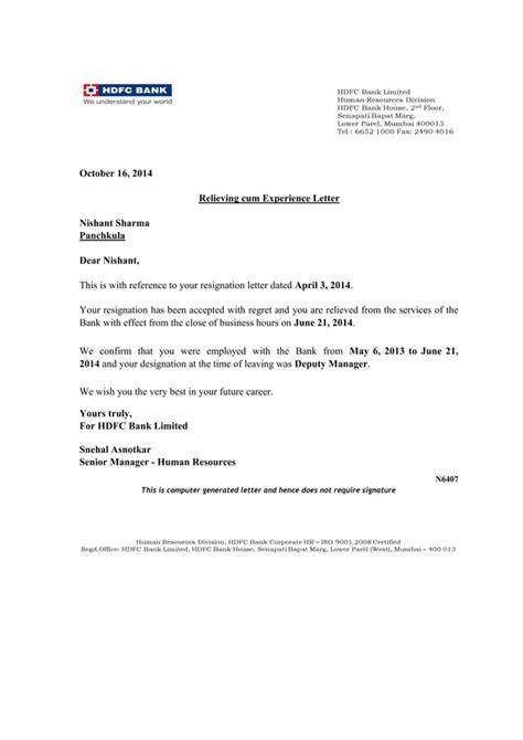 Experience Letter Relief Cum Resignation Bank Deputy Manager | PDF