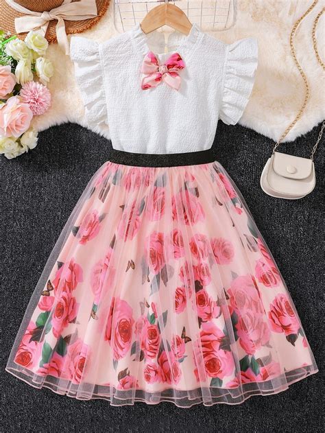 Girls Bow Front Ruffle Trim Top & Floral Print Mesh Skirt | Children ...