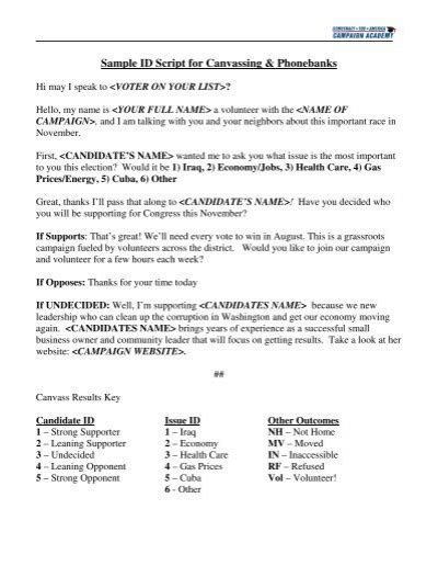 Sample ID Script for Canvassing & Phonebanks - Democracy for ...
