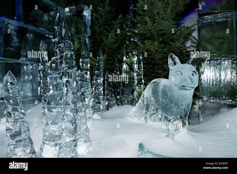 Carved Ice Sculpture Of A Fox In The ice Kingdom At The Winter Wonderland Hyde Park London ...