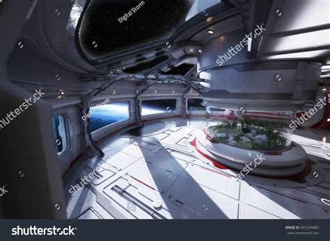 Futuristic Space Station Interior Overlooking Planet Stock Illustration ...