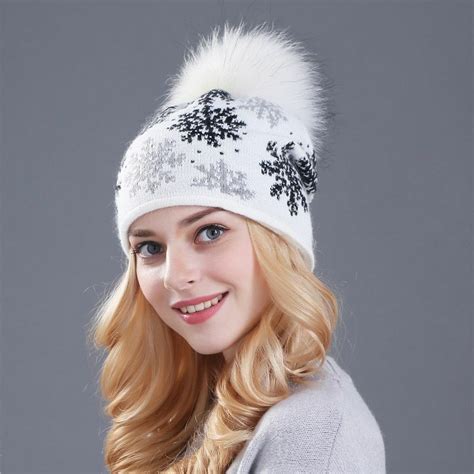 Winter Pom Pom Hat For Women Fur Snowflake Knitted Ski Cap Warm Beanie Wool Xmas - Hats