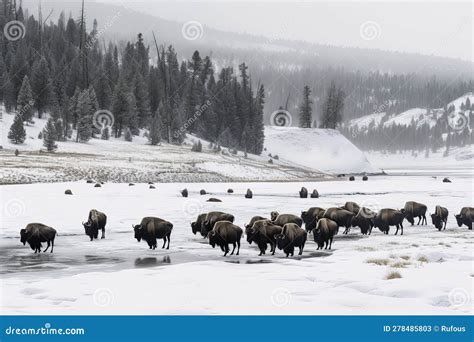 Yellowstone National Park. Herd of Bison in the Snow Stock Image ...