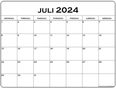 juli 2024 kalender Dansk | Kalender juli