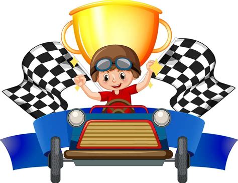 Winner boy in a race car on trophy background 4646097 Vector Art at Vecteezy