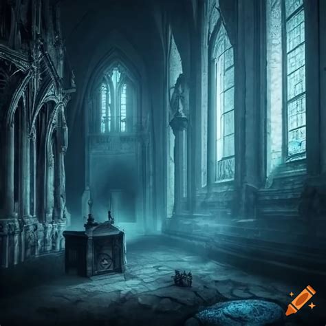Eerie gothic castle interior with blue spirits on Craiyon