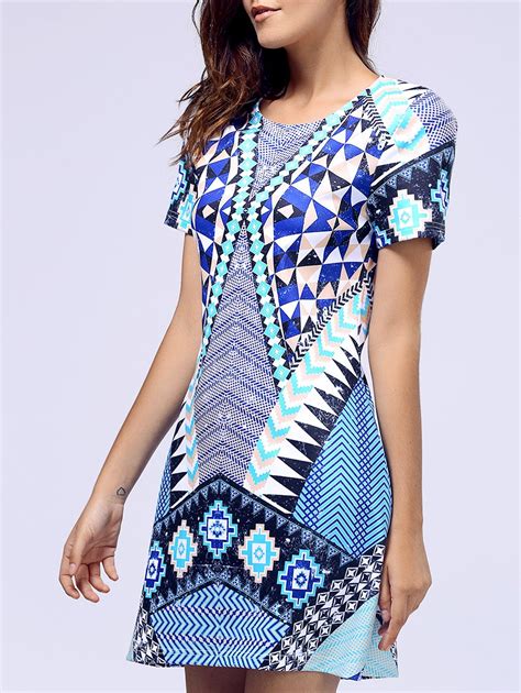 [88% OFF] Short Sleeve Round Neck Geometric Print Dress | Rosegal