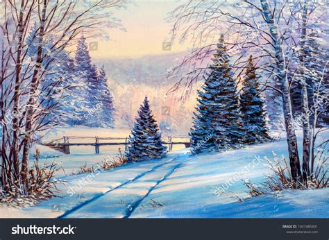 Winter landscape with a river and a bridge. Original oil painting.river#landscape#Winter#bridge ...