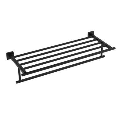 black metal shelf with two bars on each side and one bar attached to the wall