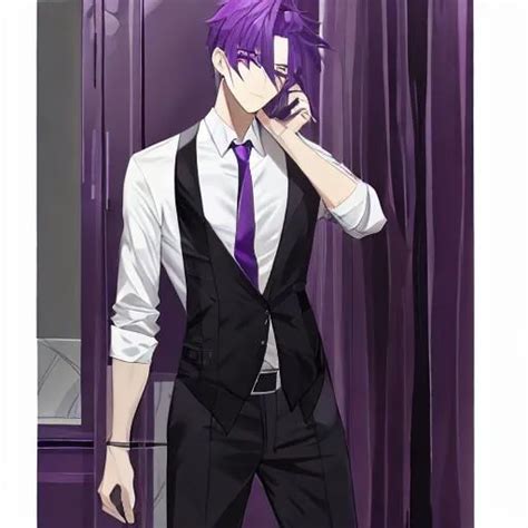 male, purple hair, purple eyes, tall, handsome