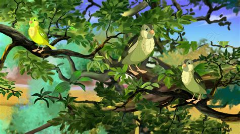 Green birds in a forest illustration - stock photo 5313374 | Crushpixel