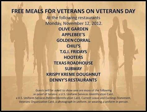 Free meals for veterans on Veterans Day - pass it on! | Veterans day, Veteran, Free food