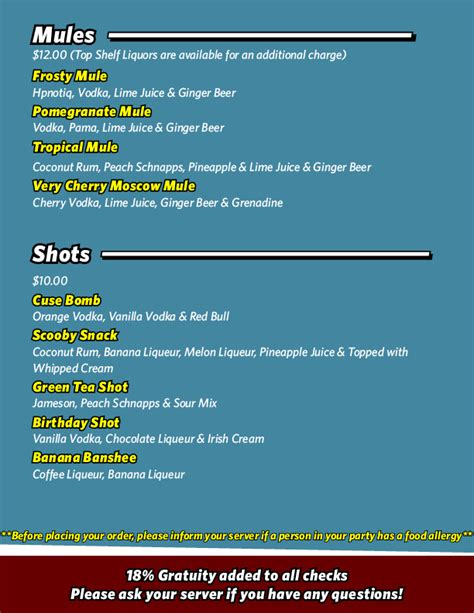 Food & Drink Menu | Syracuse Funny Bone Comedy Club & Restaurant