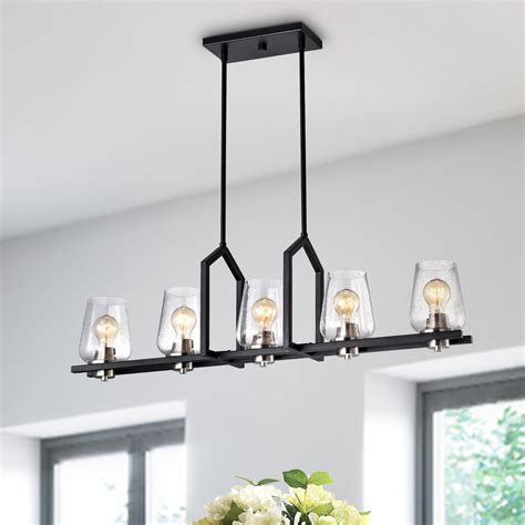 5-Light Black Wrought Iron Linear Kitchen Island Chandelier with Glass ...