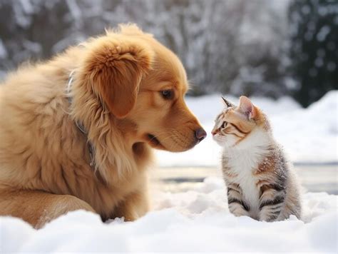 Premium AI Image | meeting of dog and cat in the snow in the park ...