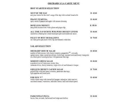 The Orchards Restaurant - Protea Hotel Parktonian Menu - Zomato SA