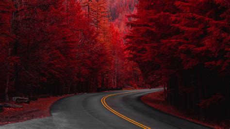 Download wallpaper 3840x2160 road, turn, trees, red, mountain, landscape 4k uhd 16:9 hd background