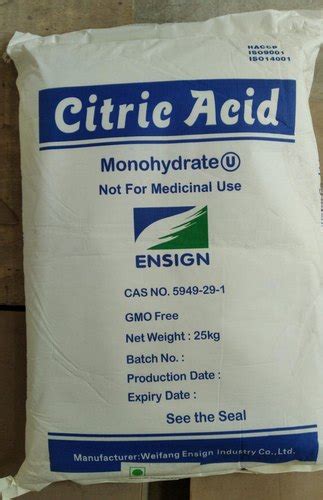 Powder White Crystal CITRIC ACID - MONOHYDRATE, Packaging Size: 25, Grade Standard: Food Grade ...