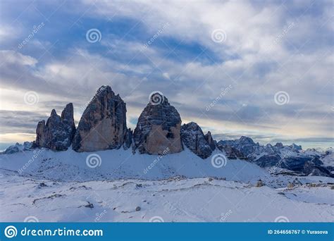 Tre Cime Di Lavaredo or Drei Zinnen in Dolomites in Winter Stock Image - Image of falzarego ...