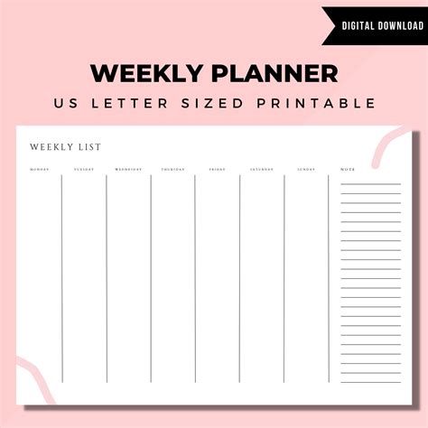 Paper & Party Supplies Stationery Design & Templates Printable Weekly Planner Page Template ...