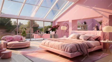 Premium AI Image | 3D rendering of a barbie pink modern bedroom in the attic with a large window