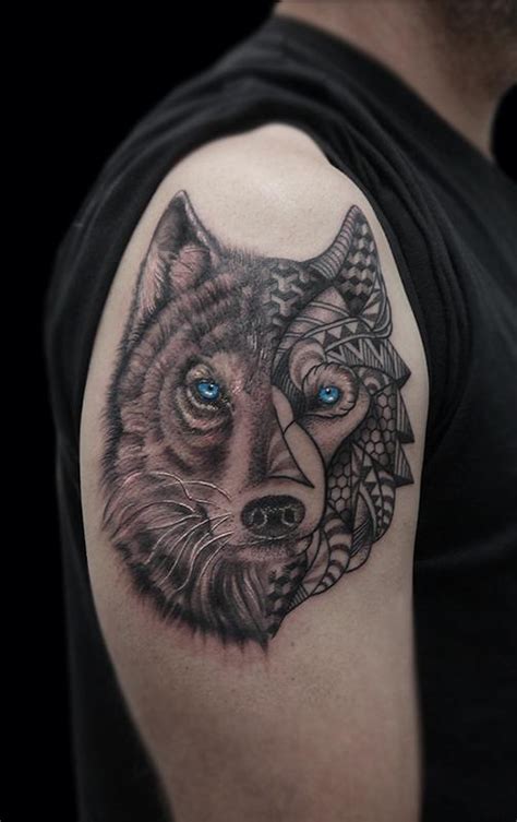 linework dotwork semi realistic black and grey abstract wolf tattoo by Obi: TattooNOW