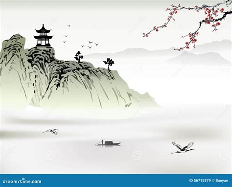 Chinese landscape painting stock vector. Illustration of asia - 56715379