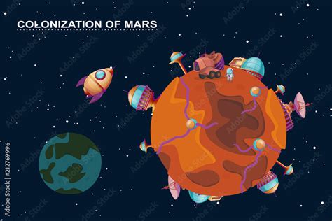 Vector cartoon mars colonization concept. Red planet in space, cosmos ...