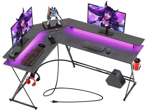 Gaming Desk 58 with LED Strip & Power Outlets, L-Shaped Computer Corner ...