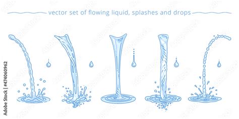 Vector set of pouring water flows, drops and splashes. Different streams and trickles. Purified ...