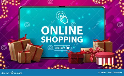 Online Shopping, Modern Banner with a Large Volume Tablet with Presents Boxes Around Stock ...