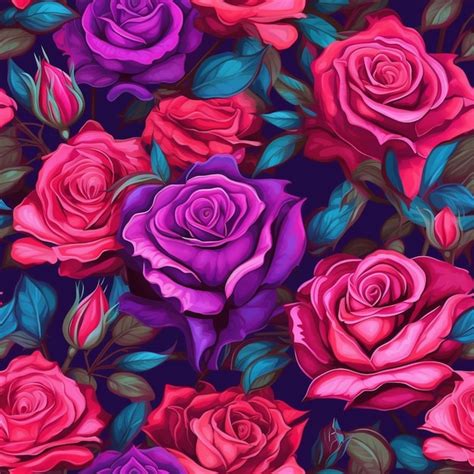 Premium Photo | A seamless pattern of roses with purple and pink leaves.