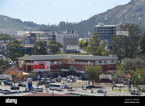 View of the mountain kingdom of Eswatini capital Mbabane with buildings ...